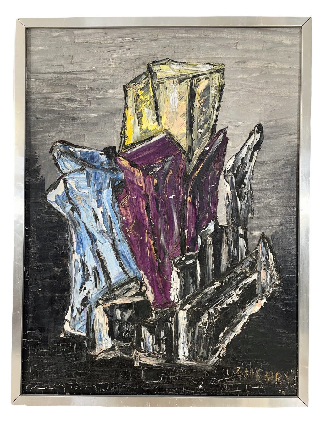 Vintage French Abstract Brutalist Purple Blue Black Grey Oil Painting On Board Signed I Henry 70 circa 1970’s