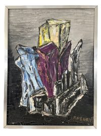 Vintage French Abstract Brutalist Purple Blue Black Grey Oil Painting On Board Signed I Henry 70 circa 1970's