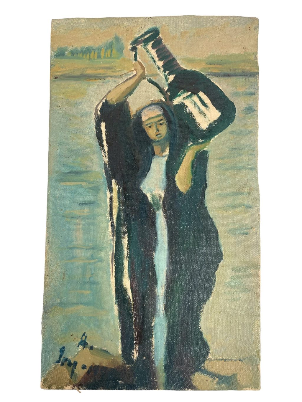 Vintage French Moroccan Arabian Woman Carrying Jug “Water Run” Acrylic Painting On Canvas Wall Decor Decoration c1970’s