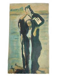 Vintage French Moroccan Arabian Woman Carrying Jug “Water Run” Acrylic Painting On Canvas Wall Decor Decoration c1970’s 3