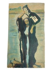 Vintage French Moroccan Arabian Woman Carrying Jug "Water Run" Acrylic Painting On Canvas Wall Decor Decoration c1970's