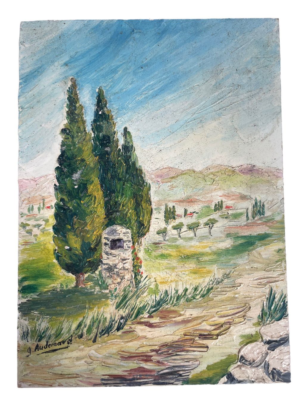 Vintage French Normandy Countryside "An Old Post" Oil Painting On Board Wall Decor Decoration c1960-70's