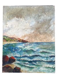 Vintage French Normandy Countryside Seaside Town Coast "On The Rocks" Oil Painting On Board Wall Decor Decoration c1960-70's