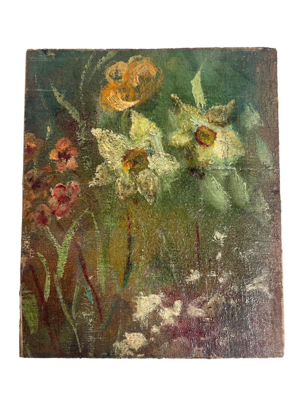 Antique French Small Tiny Wild Flowers “Wild Old Spring” Oil Painting On Wood Board Wall Decor Decoration c1900’s