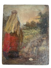 Antique French Small Tiny Woman Girl With Dog "Safe" Oil Painting On Wood Board Wall Decor Decoration c1900's