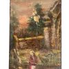 Antique French Small Tiny Woman Girl "The Red Dress" Oil Painting On Wood Board Wall Decor Decoration c1900's