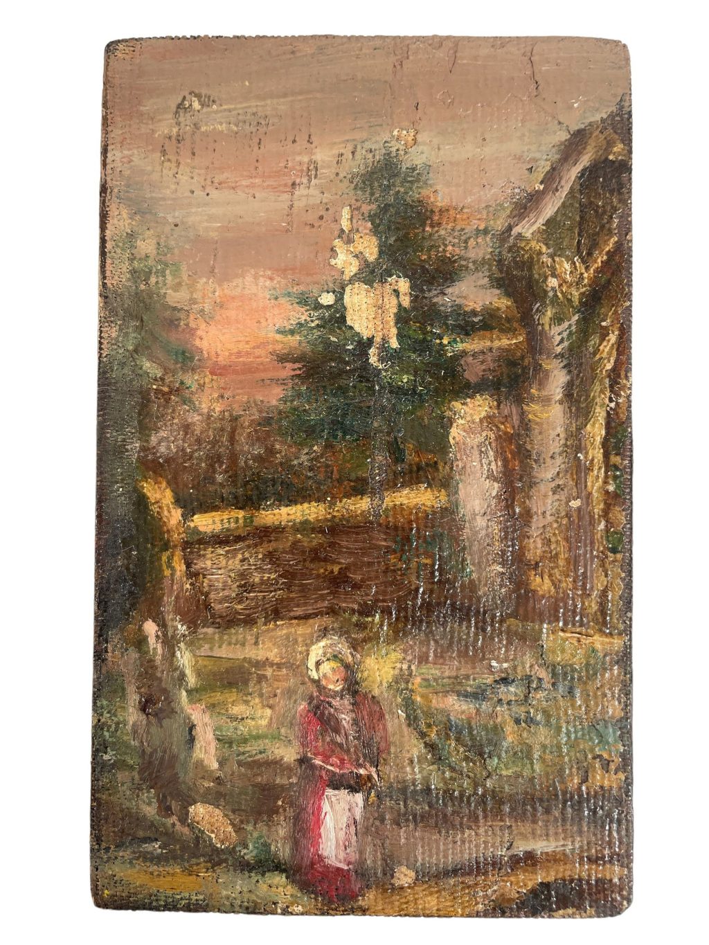 Antique French Small Tiny Woman Girl “The Red Dress” Oil Painting On Wood Board Wall Decor Decoration c1900’s