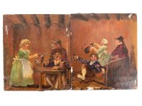 Antique French Pub Inn Drinking "Ye Olde Pub" Oil Painting On Wood Board Wall Decor Decoration c1900's