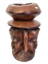 Vintage African Wood Ashtray Dish Bust Mask Decorative Ornament Figurine Decorative Africa Art Sculpture Carving circa 1970-80's