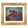 Vintage French Still Life Apples Bananas Apron Stoneware Pot Oil Painting On Canvas Blue Green Red circa 1928