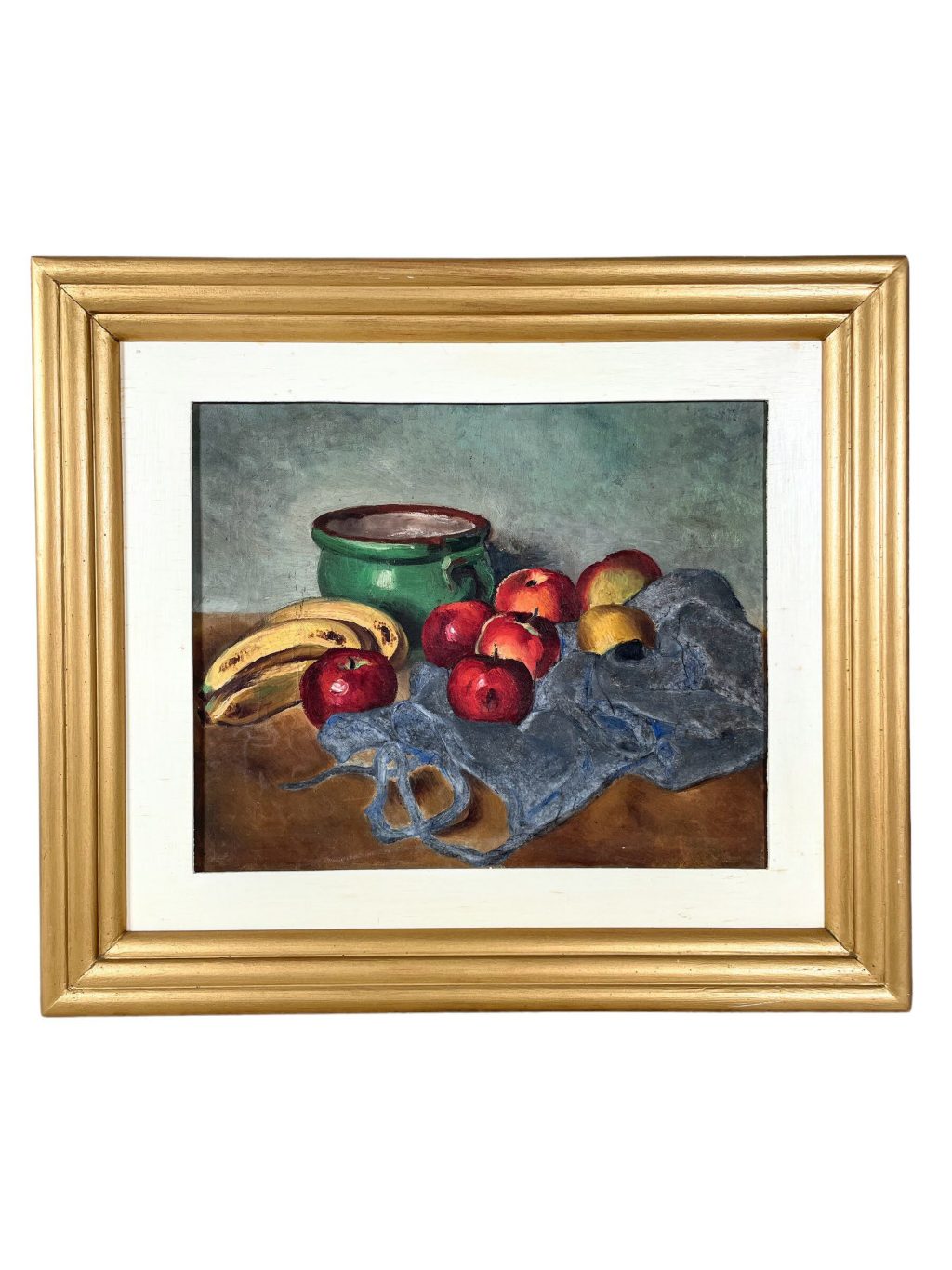 Vintage French Still Life Apples Bananas Apron Stoneware Pot Oil Painting On Canvas Blue Green Red circa 1928