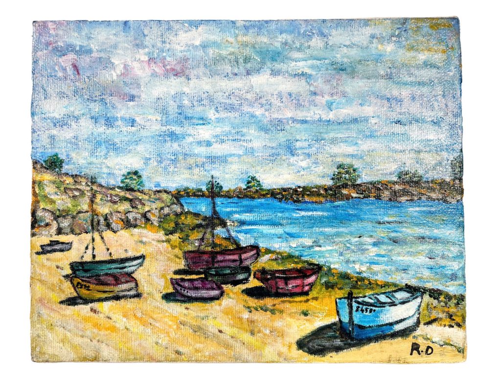 Vintage French 'Beached Boats' Signed RD Oil Painting On Canvas Blue Green Yellow circa 1980's