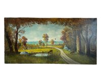 Vintage French Normandy Deer Trees Tree Woodland Oil Painting On Canvas Normandy circa 1930-40's