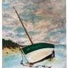 Vintage French Sailing Motor Boat At Low Tide Acrylic Painting On Board By A Poulain Traditional Brittany Seaside Beach circa 1970's