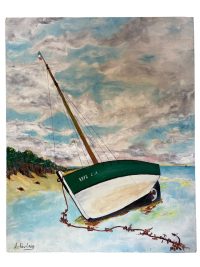 Vintage French Sailing Motor Boat At Low Tide Acrylic Painting On Board By A Poulain Traditional Brittany Seaside Beach circa 1970’s