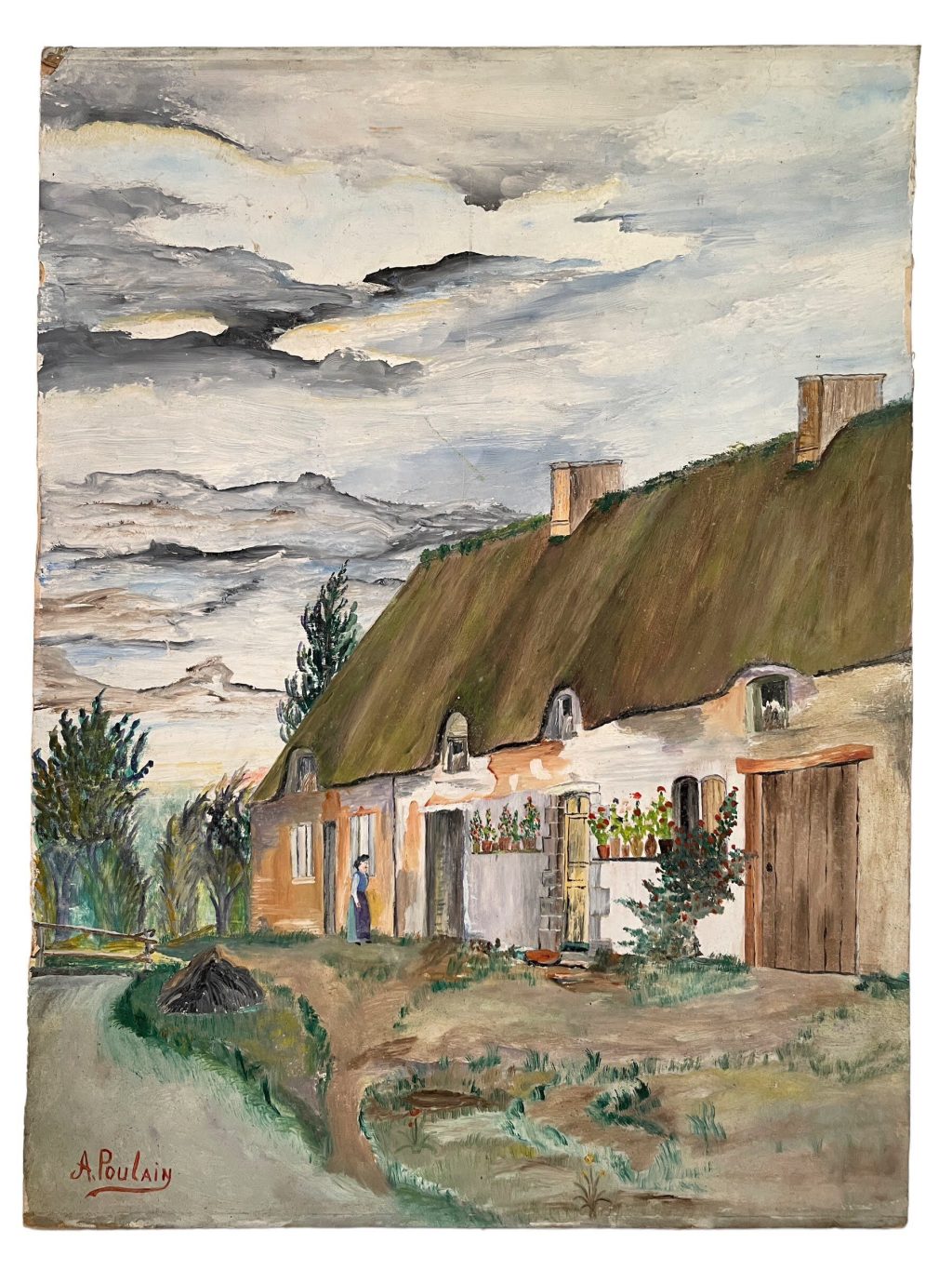 Vintage French Cottage Acrylic Painting On Board By A Poulain Traditional Brittany Cottage Building circa 1960-70's