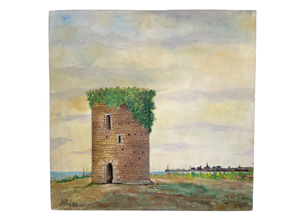 Vintage French St Paire Windmill Acrylic Painting On Board By A Poulain Traditional Brittany Normandy circa 1961