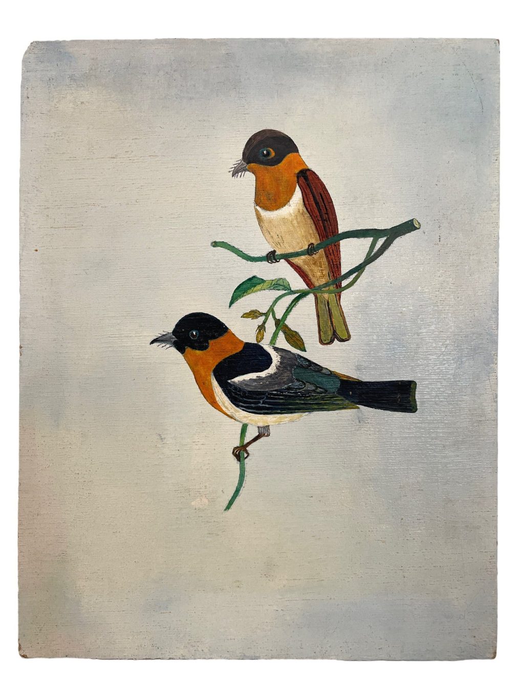 Vintage French Bird On Branch Study Acrylic Painting On Card Nieve Folk Art Picture Wall Hanging Art c1960-70’s
