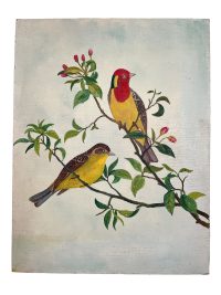 Vintage French Bird On Branch Study Acrylic Painting On Card Nieve Folk Art Picture Wall Hanging Art c1960-70’s 3