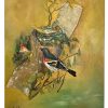 Vintage French Birds Bird Oil Painting On Wood Board By A Poulain Wildlife Study circa 1960's