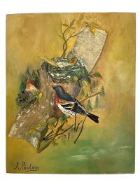 Vintage French Birds Bird Oil Painting On Wood Board By A Poulain Wildlife Study circa 1960’s 3