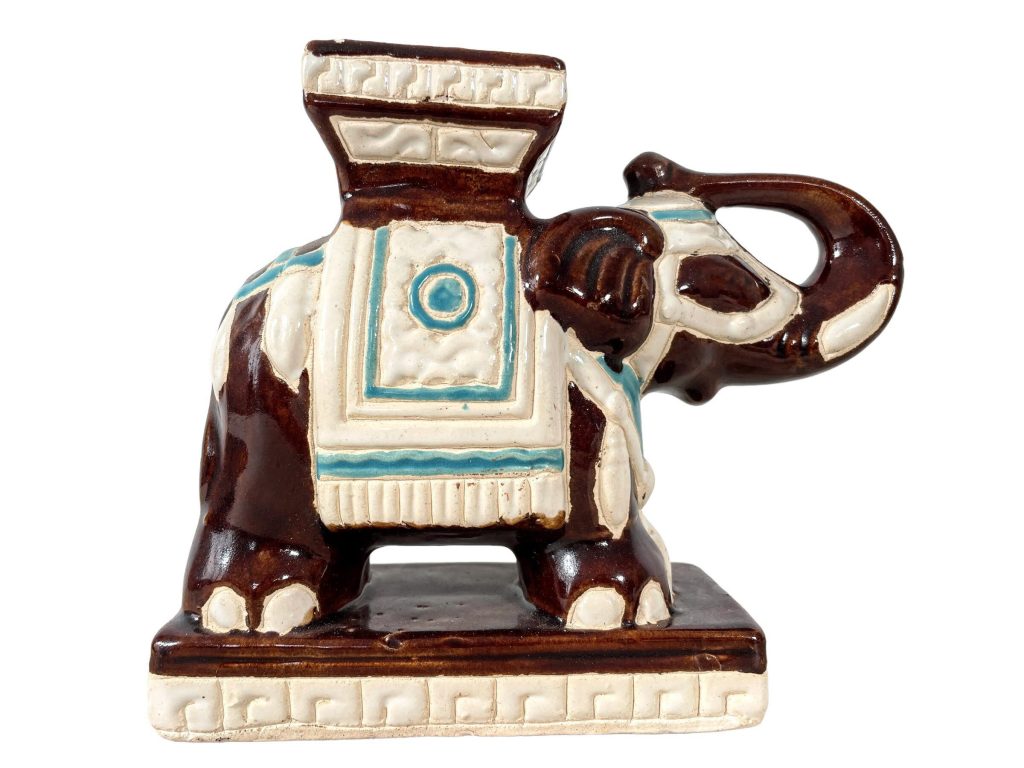 Vintage French Small Ceramic Elephant Pot Stand Plinth Rest Beige Blue Brown Vase Pot Dry Flowers Decor c1970-80’s