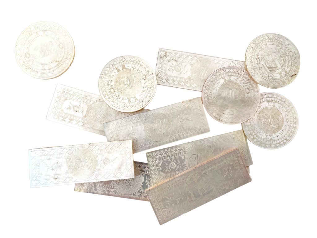 Antique Chinese Job Lot Collection 12 Monogram Set Mother Of Pearl Gaming Chips Counters Tokens Hand Carved Engraved c1800-1850's
