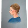 Vintage French Pastel Painting On Paper Girl In Blue Sweater c1970-80's