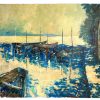 Vintage French Seaside Fishing Sailing Boat Barge Painting Acrylic Skyline Scenic Harbour On Canvas France circa 1980's