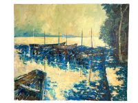 Vintage French Seaside Fishing Sailing Boat Barge Painting Acrylic Skyline Scenic Harbour On Canvas France circa 1980's
