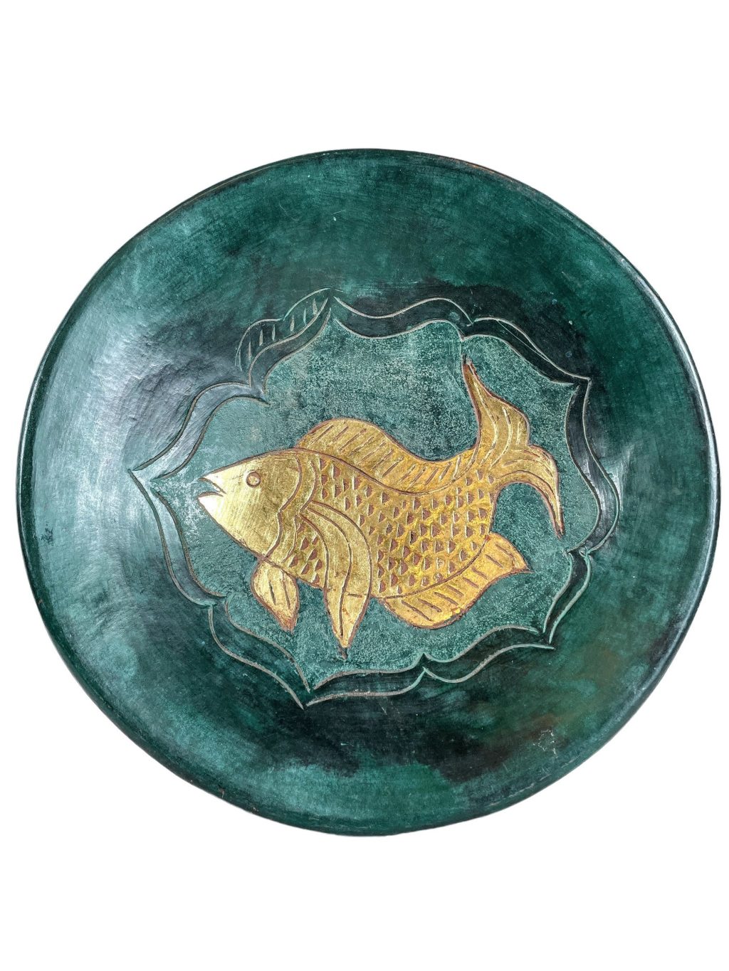 Vintage Thai Large Heavy Pottery Terracotta Earthware Green Gold Extra Large Fish Bowl Dish Fruit Display Decor circa 1990-2000's