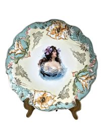 Antique French Decorative Plate Hand Made Painted Lady In Blue White Gold Large Ceramic Dish Display c1910-20’s