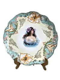 Antique French Decorative Plate Hand Made Painted Lady In Blue White Gold Large Ceramic Dish Display c1910-20's