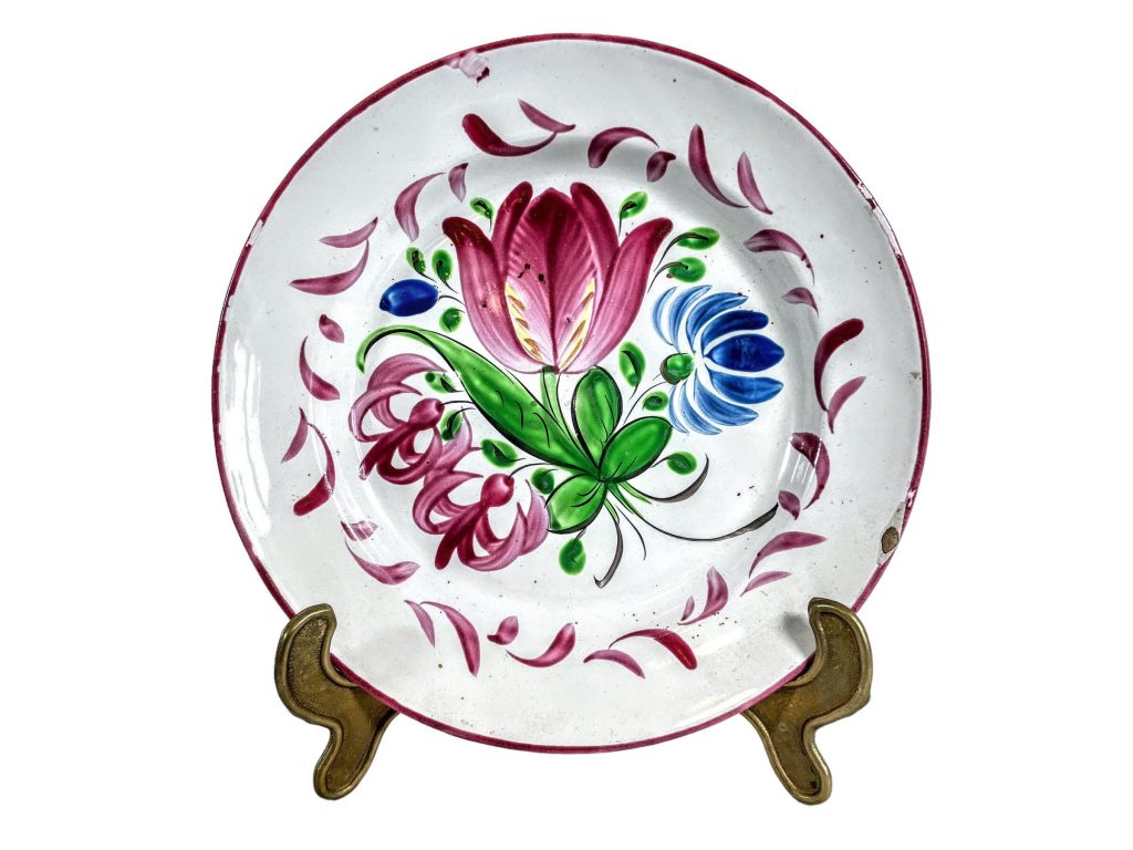 Vintage French Decorative Faience Plate Hand Made Painted Blue Red Green White Gold Flowers Ceramic Dish Display c1960-70's