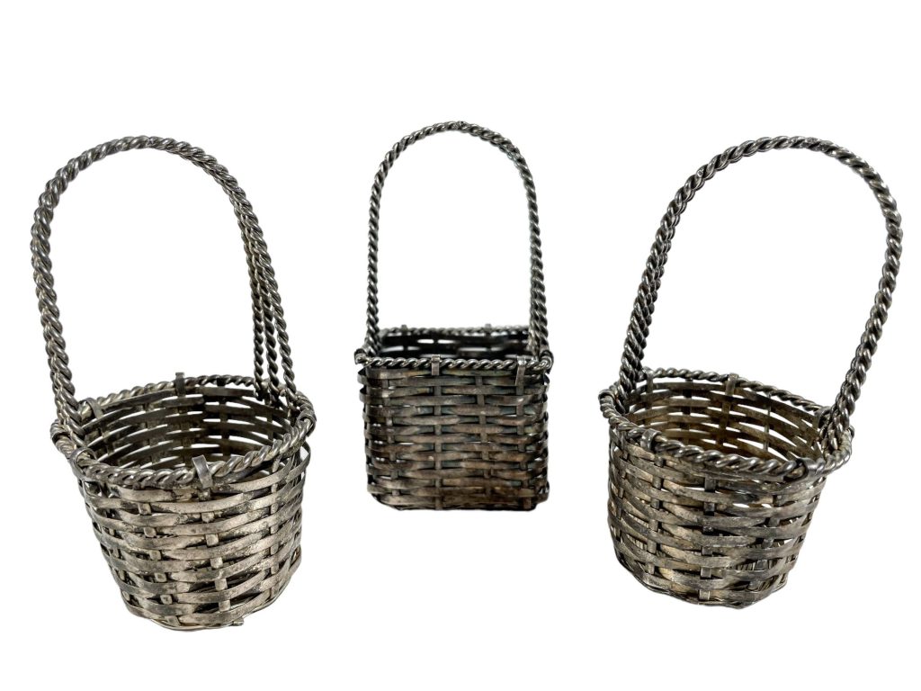 Vintage French Small Woven Metal Decorative Baskets Collection Of Three Ornaments Decor c1970-80’s