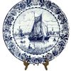 Vintage Dutch Original Blauw Delfts Handmade White Blue Extra Large Dinner Plate Hanging Wall Display Sailing Ships circa 1950-60's