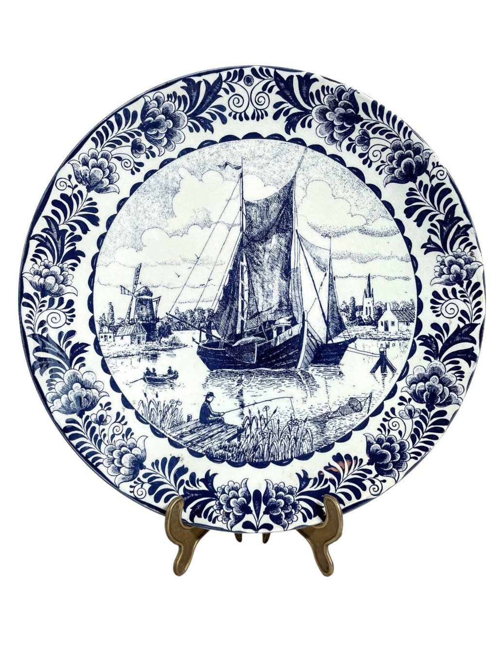 Vintage Dutch Original Blauw Delfts Handmade White Blue Extra Large Dinner Plate Hanging Wall Display Sailing Ships circa 1950-60’s