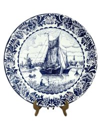 Vintage Dutch Original Blauw Delfts Handmade White Blue Extra Large Dinner Plate Hanging Wall Display Sailing Ships circa 1950-60’s 9