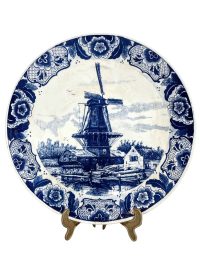 Vintage Dutch Original Blauw Delfts Handmade White Blue Extra Large Dinner Plate Hanging Wall Display Windmill circa 1970-80’s