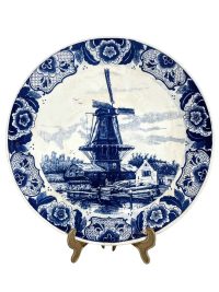 Vintage Dutch Original Blauw Delfts Handmade White Blue Extra Large Dinner Plate Hanging Wall Display Sailing Ships circa 1950-60’s