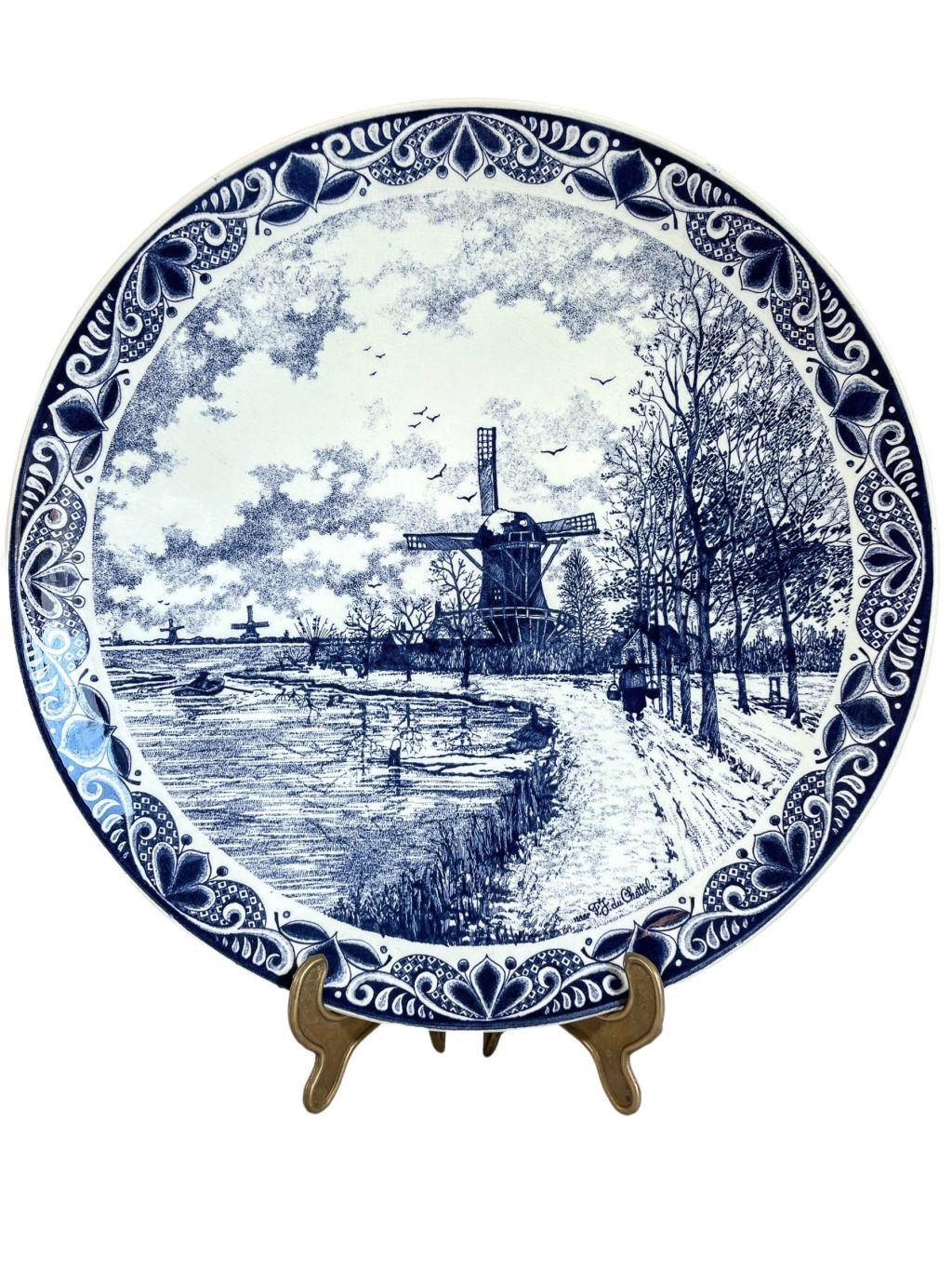 Vintage Dutch Original Blauw Delfts Handmade White Blue Extra Large Dinner Plate Hanging Wall Display Windmill circa 1970-80’s