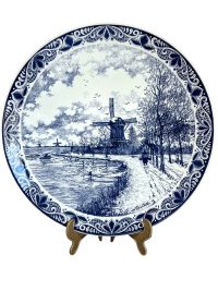 Vintage Dutch Original Blauw Delfts Handmade White Blue Extra Large Dinner Plate Hanging Wall Display Sailing Ships circa 1950-60’s