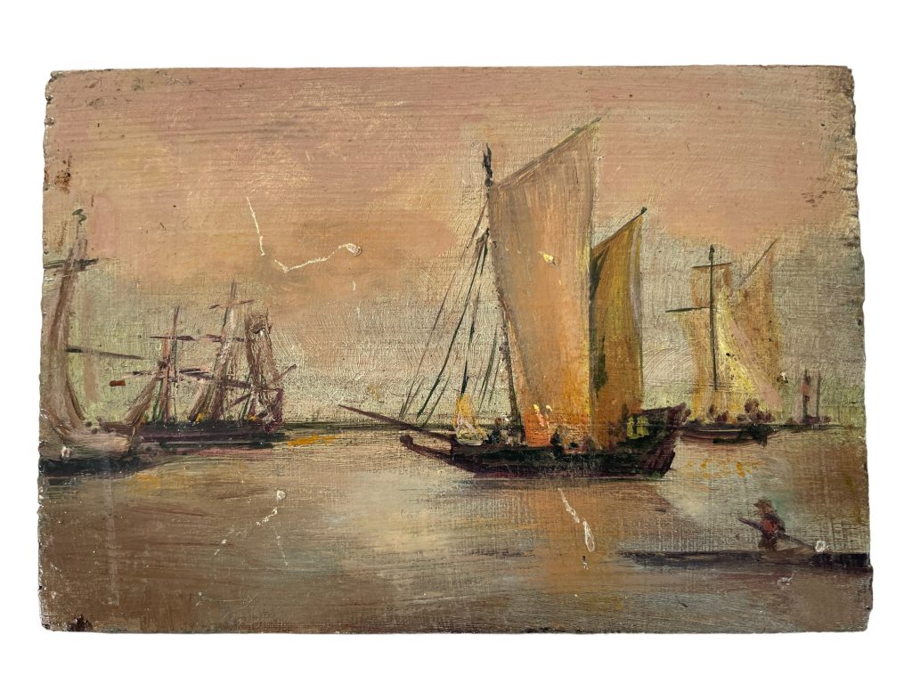 Antique French Sailing Boats “Under Canvas” Oil Painting On Wood Board Wall Decor Decoration c1910’s