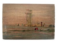 Antique French Lighthouse Sailing Boats "Beacon" Oil Painting On Wood Board Wall Decor Decoration c1910's