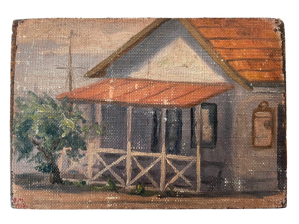 Antique French House Porch “Past Haven” Oil Painting On Wood Board Wall Decor Decoration c1910’s