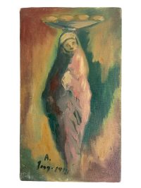 Vintage French Moroccan Arabian Woman With Dish "In Balance" Acrylic Painting On Canvas Wall Decor Decoration c1970's