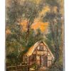 Antique French Small Tiny House in Woods "Watched Over" Oil Painting On Wood Board Wall Decor Decoration c1900's