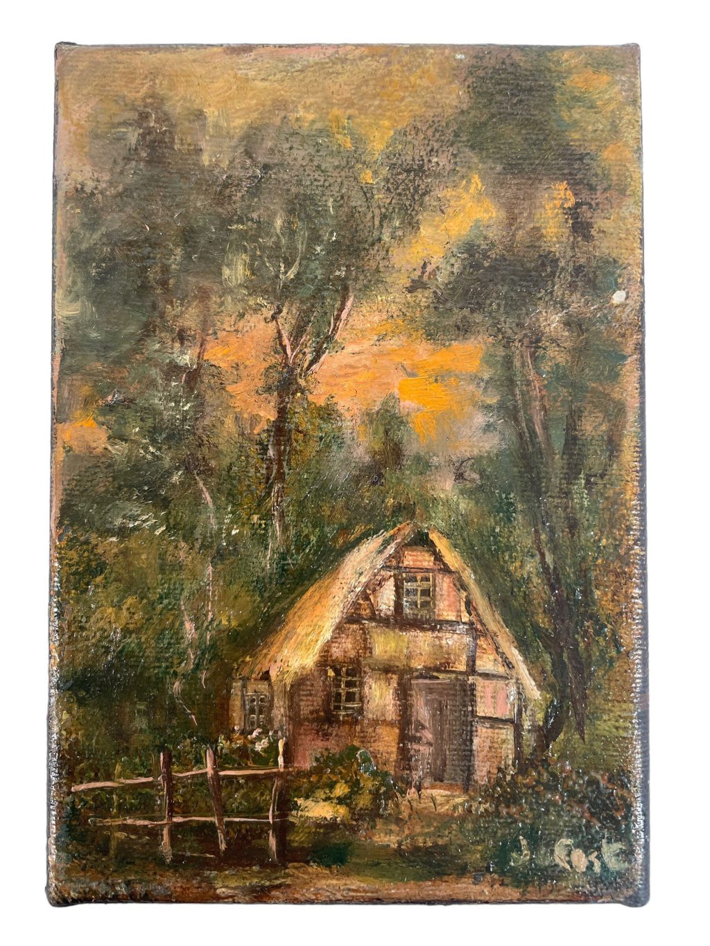Antique French Small Tiny House in Woods “Watched Over” Oil Painting On Wood Board Wall Decor Decoration c1900’s