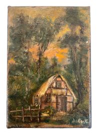 Antique French Small Tiny House in Woods “Watched Over” Oil Painting On Wood Board Wall Decor Decoration c1900’s 3