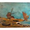 Antique French Beach Sea Sand Dunes Boat Windmill "Daily Bread" Oil Painting On Wood Board Wall Decor Decoration c1900's